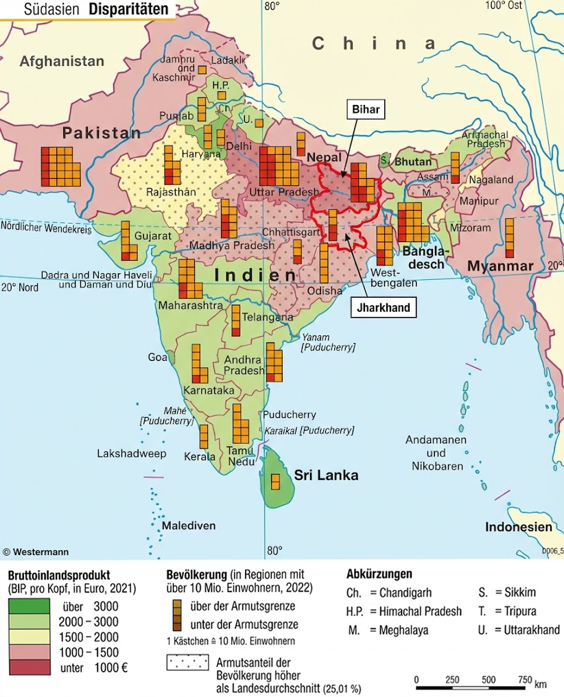 Karte Südasien: Indien mit farbigen Regionen nach BIP und Kästchen zur Bevölkerung/Armutsverteilung.